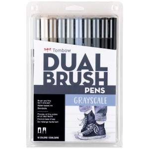 Dual Brush Pen Art Markers, Grayscale, 10-Pack