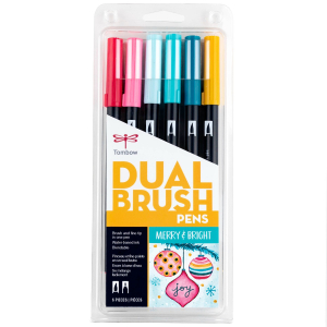 Dual Brush Pen Art Markers, Merry & Bright, 6-Pack