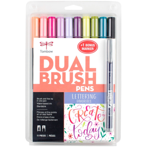 Dual Brush Pen Art Markers, Lettering Favorites, 10-Pack + Free Fudenosuke Brush Pen