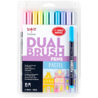 Dual Brush Pen Art Markers, Pastel, 10-Pack + Free Fudenosuke Brush Pen