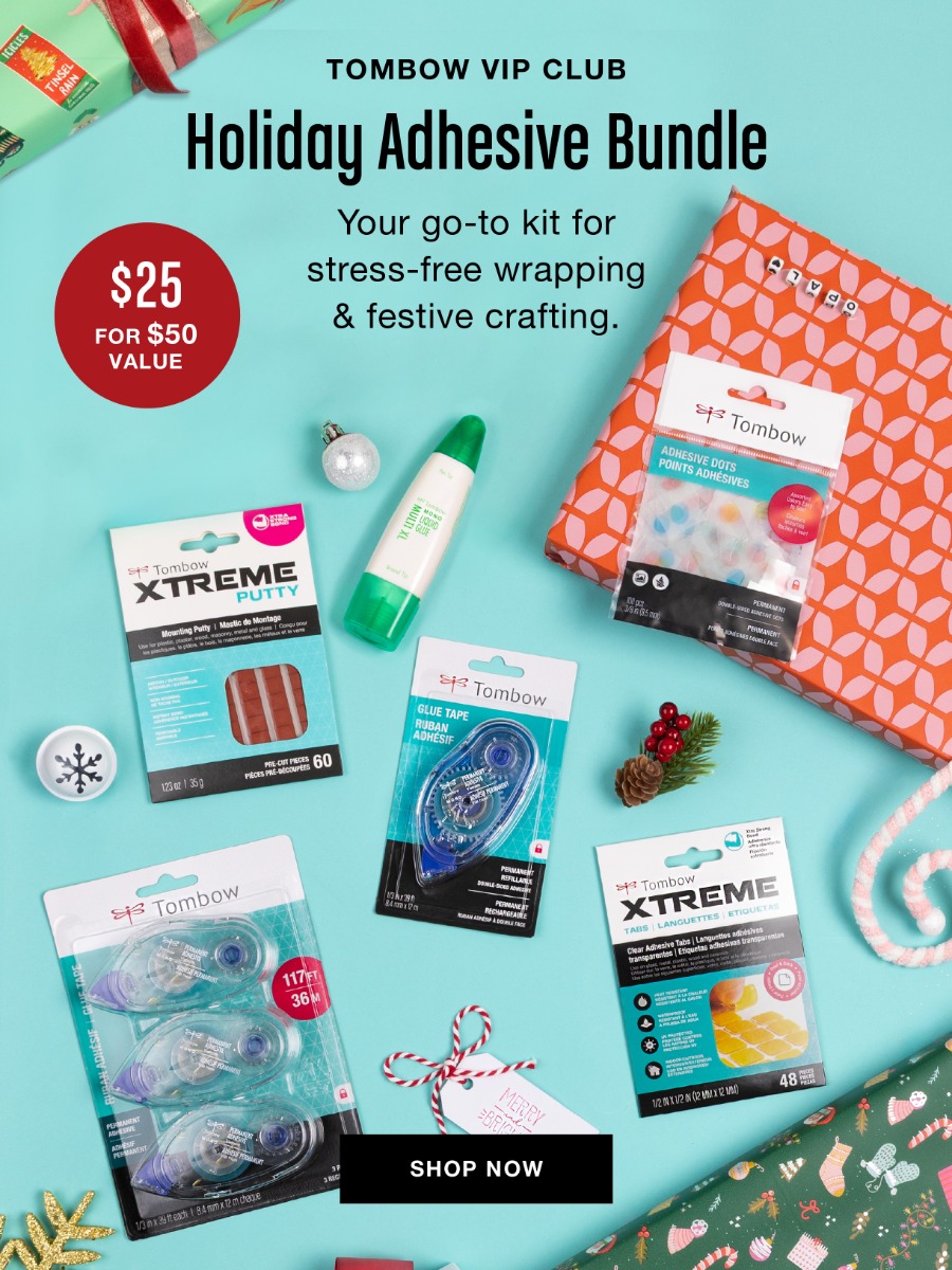 An image showing gift wrapping with Tombow Adhesives and a link to the VIP Holiday Adhesive Bundle, $25 for a %50 value!