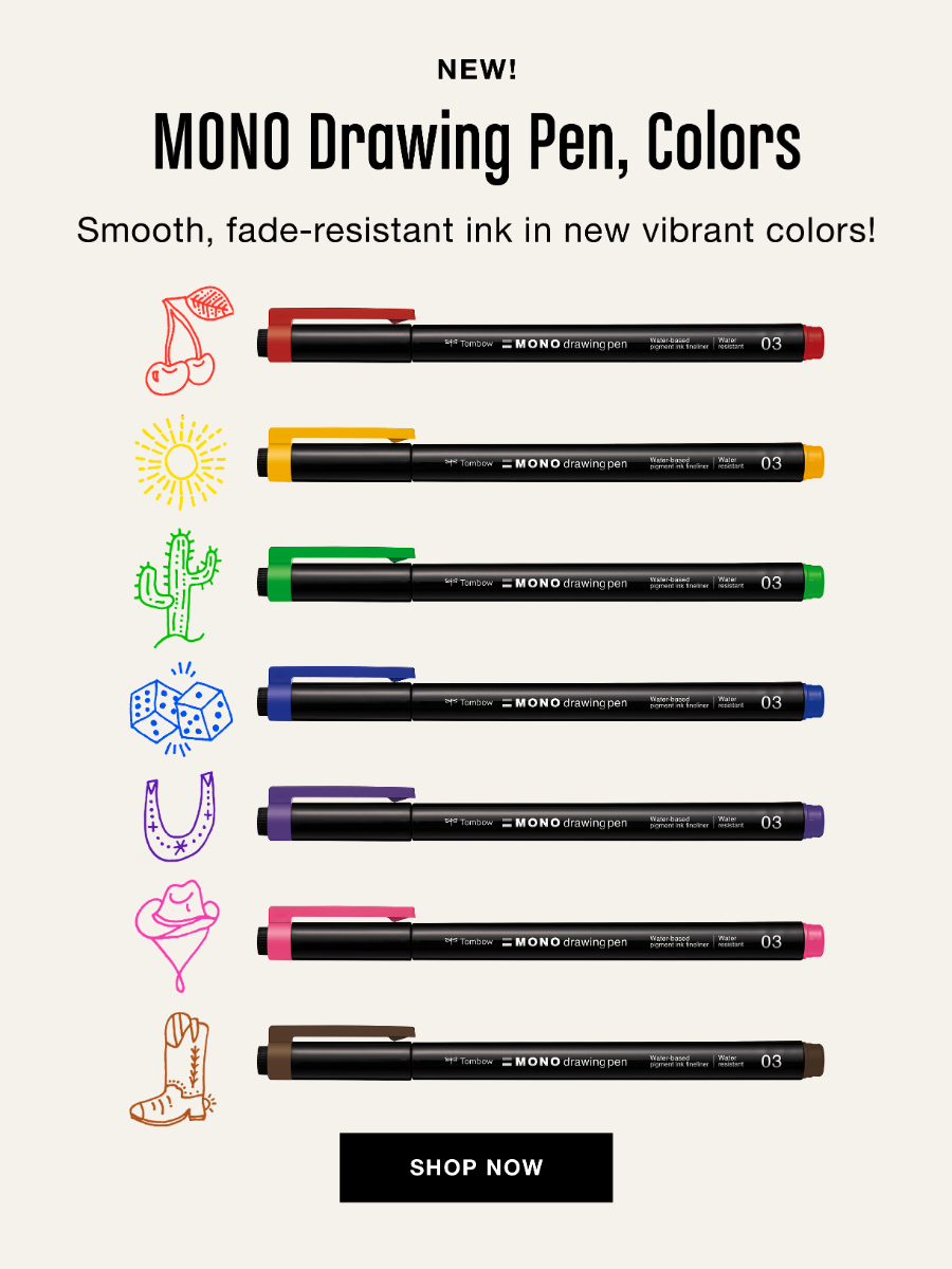 A photo of all of the new MONO Drawing Pen Colors stacked with small colored doodles next to it, and it links to shop MONO Drawing Pen Colors 8-pack.