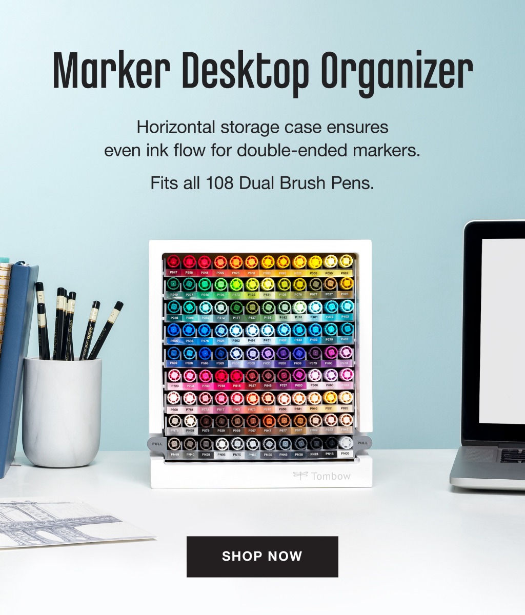 Shop Marker Desktop Organizer! Horizontal Storage case ensures even ink flow for double-ended markers. Fits all 108 Dual Brush Pens.